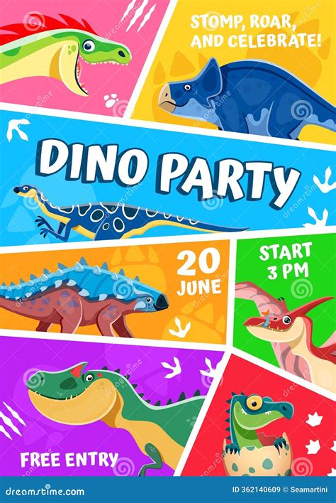 Dino Kids Party Flyer with Funny Dinosaur Lizards Stock Illustration ...
