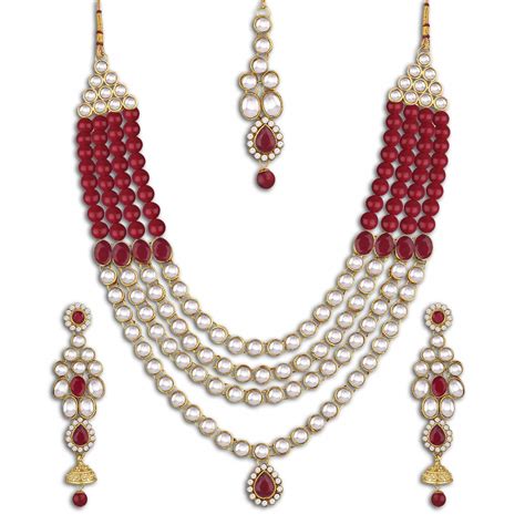 Buy Spargz Bridal Red Gold Plated Kundan Matinee Necklace Set With ...