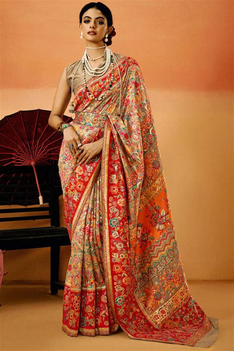 Sorrell Brown Kashmiri Modal Pashmina Silk Saree – Armima