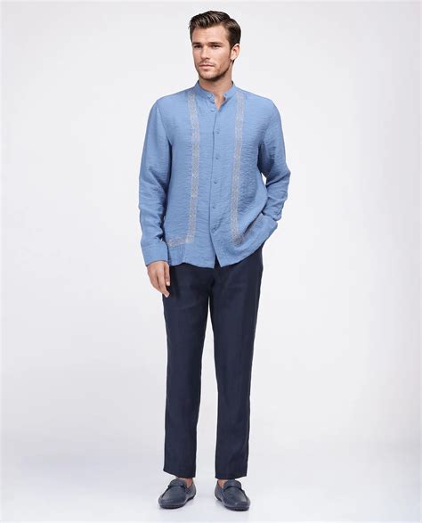 Rare Rabbit Men's Amos-Emb Blue Viscose Blend Embroidered Regular Fit