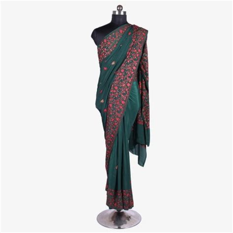 Green Colour Kashmiri Hand Sozni Embroidered Pure Crepe Saree| Garuda Life