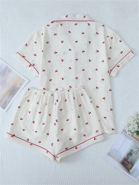 Cherry Printed Sweet Sleepwear Set With Lapel Button Up Top And Bowknot ...