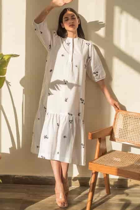 Buy White Cotton Embroidery Round Neck Floral Print Midi Dress For ...