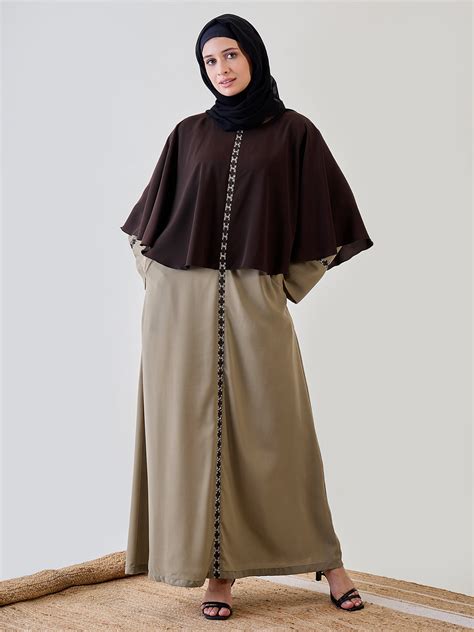 Nabia Embroidered Beige and Brown Abaya with Black Georgette Hijab