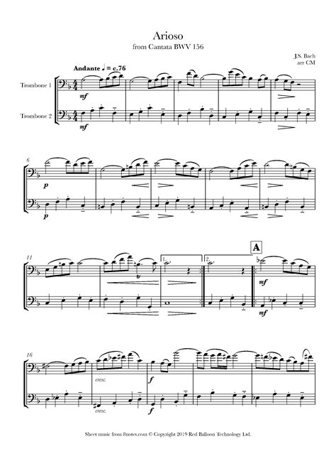 Bach - Arioso from Cantata BWV 156 Sheet music for Trombone Duet ...