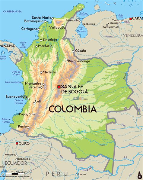 Detallado mapa físico de Colombia con principales ciudades | Colombia ...