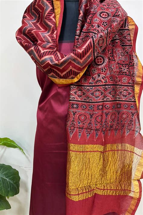 Red Ajrakh Block Printed Chanderi Silk Tissue Border