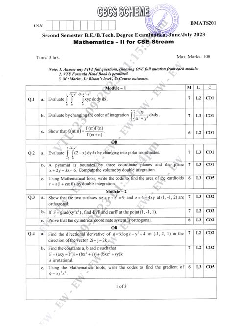 Bmats 201-June.July 2023 Mathematics ll for CSE Stream - o D stz xN USN ...