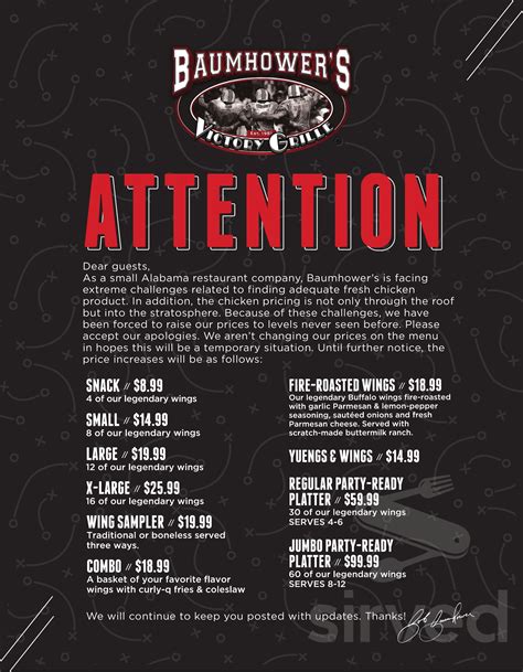 Baumhower's Victory Grille menu in Mobile, Alabama, USA