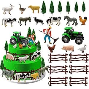 26 PCS Mini Farm Animal Tractor Cake Topper Set with Tree Farmer Fences ...