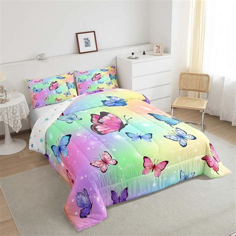 Amazon.com: Rainbow Butterfly Twin Comforter Set For Girls Pink Blue ...