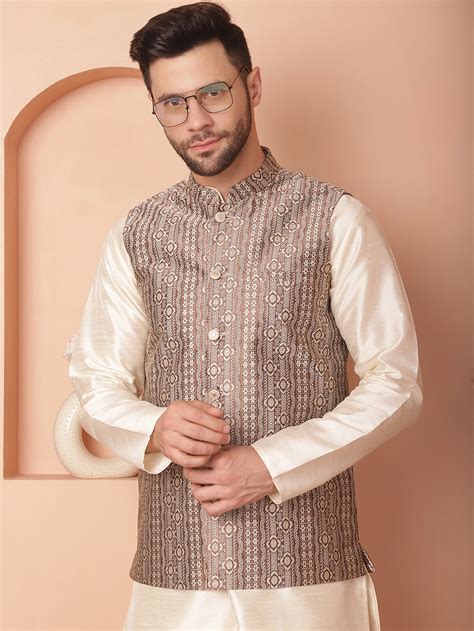 Men's Woven Design Nehru Jacket With Solid Kurta Pyjama – Jompers