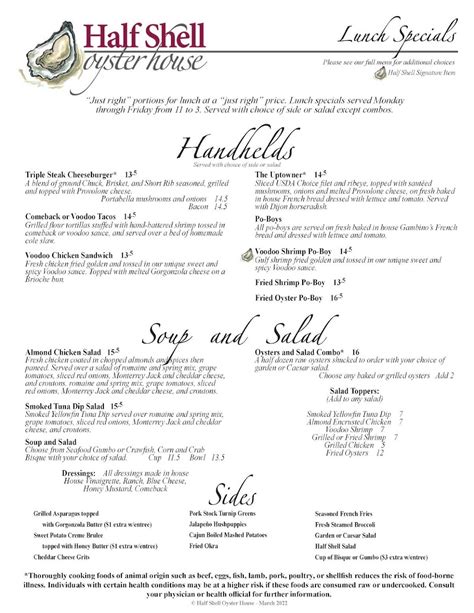 Menu at Half Shell Oyster House restaurant, Gulfport