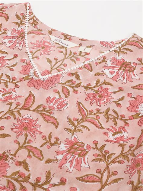 Divena Pink Floral HandBlock Printed Cotton Anarkali Kurta, trouser wi ...