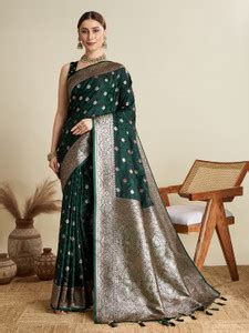 Buy SICHYAH Self Design, Woven Banarasi Satin, Silk Blend Green Sarees ...