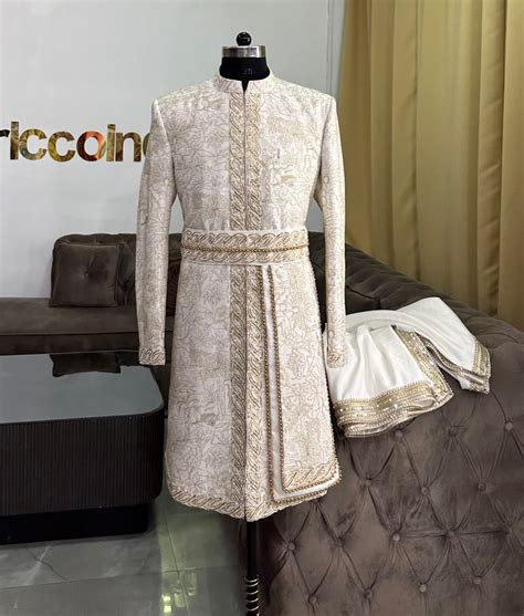 IVORY BELT SHERWANI WITH SHAWL – Ricco India