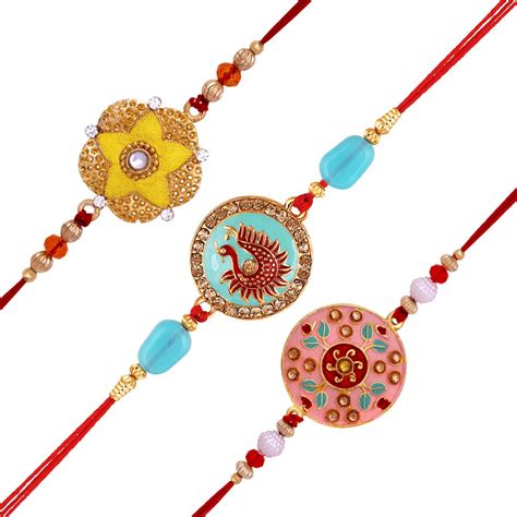 Mahi Combo of 3 Meenakari Work Enamel Fancy Rakhi's with Studded Cryst ...