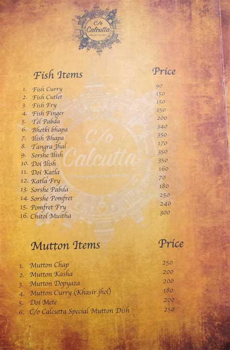Menu at C/o Calcutta, Bengaluru