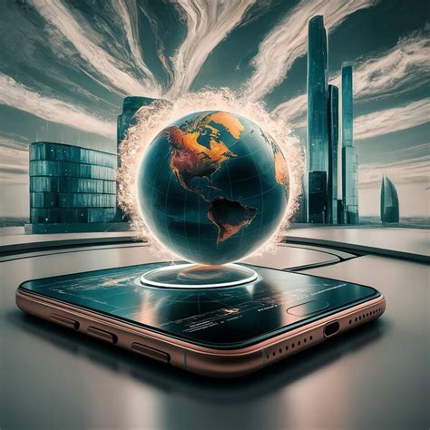Smartphone in hand with glowing earth globe on screen global trade ...