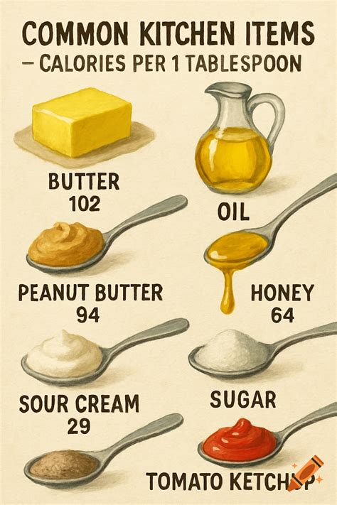 Infographic showing common kitchen items with calories per tablespoon ...
