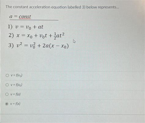 Solved The constant acceleration equation labelled 3) below | Chegg.com