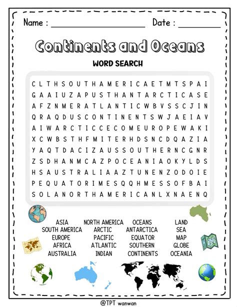 Continents and Oceans word search | Word Search Worksheet Activity ...