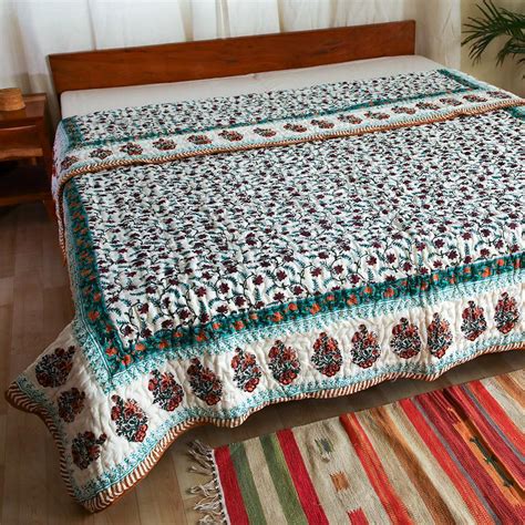 Cotton Mulmul Jaipuri Razai Quilt Maroon Green Floral Jaal Block Print