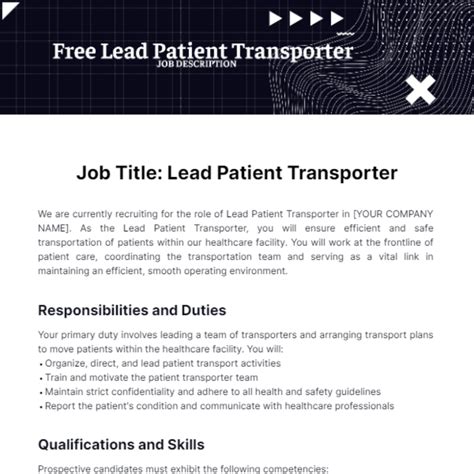 Free Lead Patient Transporter Job Description Template to Edit Online