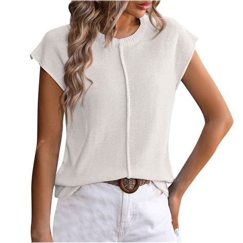 ZyeKqe Womens Cap Sleeve Shirts Crewneck Knit Tops Solid Color T Shirts ...