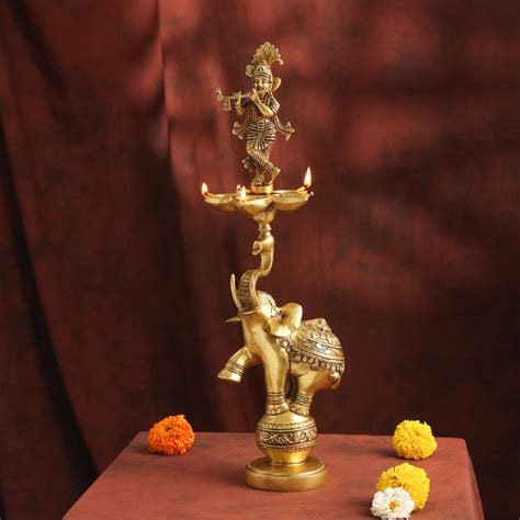 Brass Handcrafted Krishna Diya Lamp with Elephant Base (17.75 Inch ...