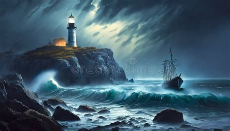 See related image detail. Storm Over the Sea with a Lighthouse Ans a Boat. AI Generated Stock ...