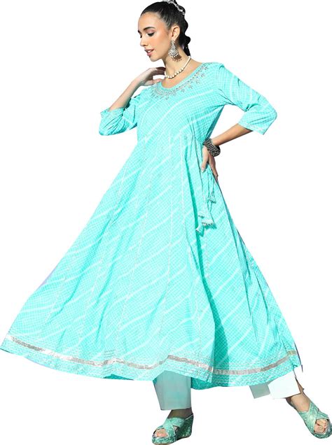 Buy ishin Women's Sea Green Embroidered Anarkali Kurta at Amazon.in