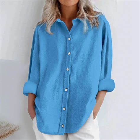 Blue Women Shirts, Womens Daily Casual Linen Shirts Long Sleeve Shirts ...