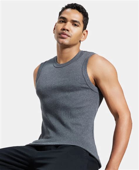 Buy Super Combed Cotton Rib Solid Round Neck Muscle Vest - Charcoal ...