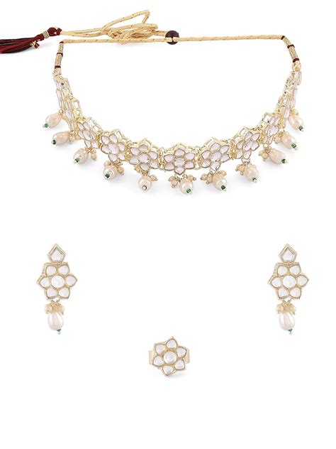 Buy ZAVERI PEARLS Gold Tone Kundan & Beads Choker Necklace Earring ...
