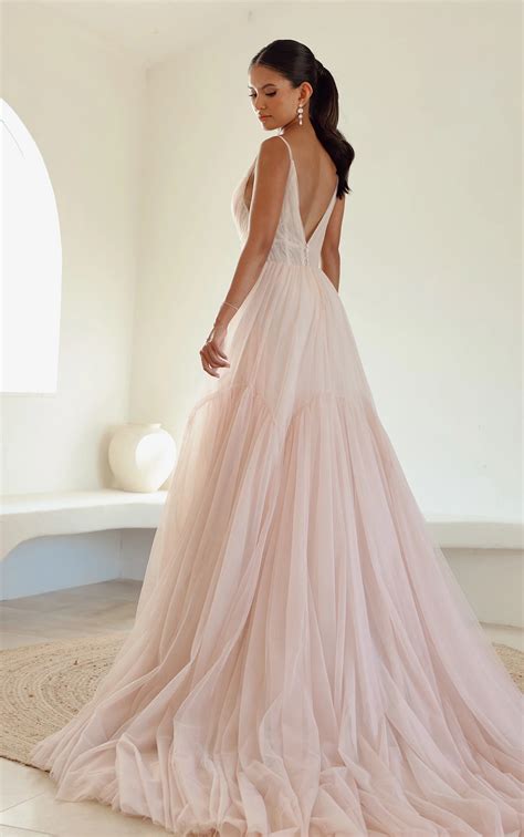 Blush Pink A-Line Wedding Dress with V-Neckline and Tulle Layers