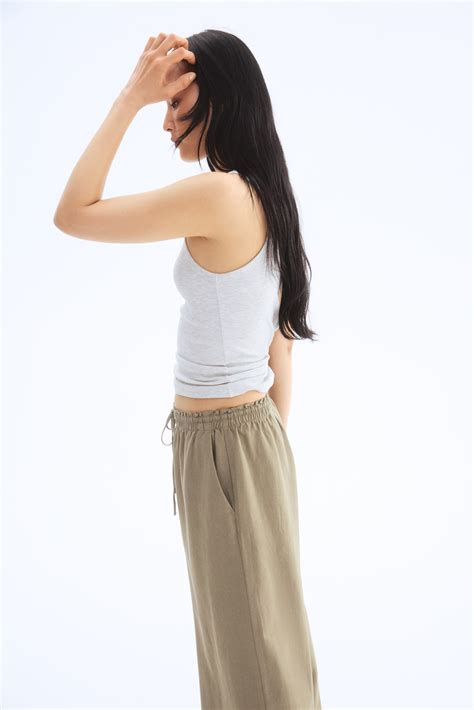 Wide linen-blend trousers - Khaki green - Ladies | H&M IN