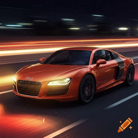 An orange Audi R8 sports car drives at speed on a road at night, with motion blur and light ...