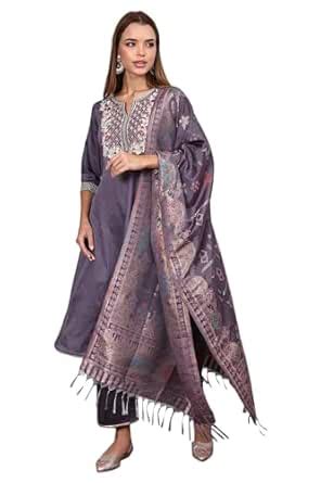 Buy Aurelia Women's Purple Zari Embroidered Rayon A-line Kurta, Palazzo ...