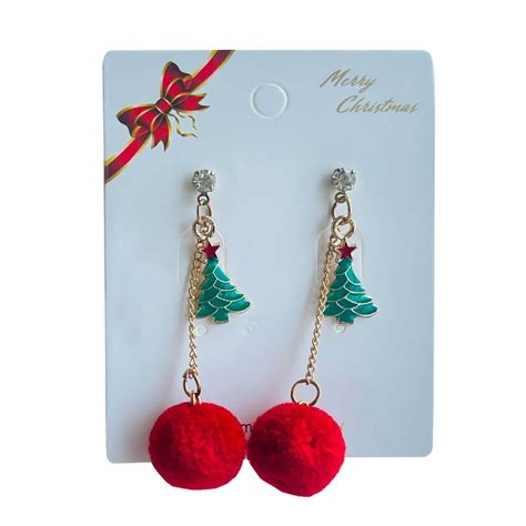 Christmas earrings accessories party wear, Red Pompom hanging with ...