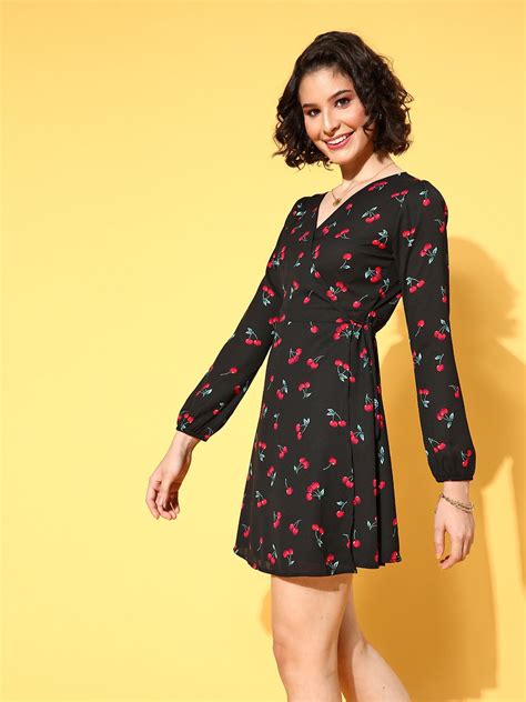 Berrylush Women Black & Red Cherry Printed V-Neck Waist Tie-Up Tulip H