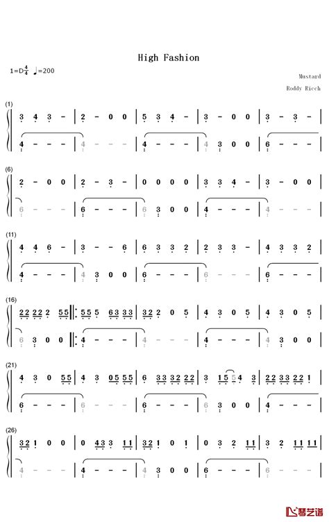 High Fashion钢琴简谱-数字双手-Roddy Ricch Mustard-简谱网