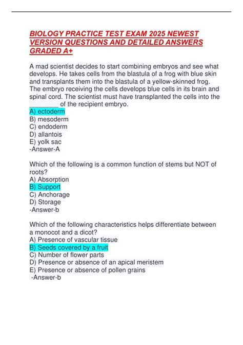 BIOLOGY PRACTICE TEST EXAM 2025 NEWEST VERSION QUESTIONS AND DETAILED ...