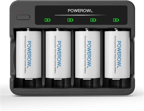 POWEROWL Rechargeable D Batteries with 4 Bay Battery Charger, USB Quick ...