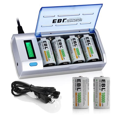 EBL 10000mAh R20 Rechargeable D Batteries 6-Pack + Battery Charger for ...