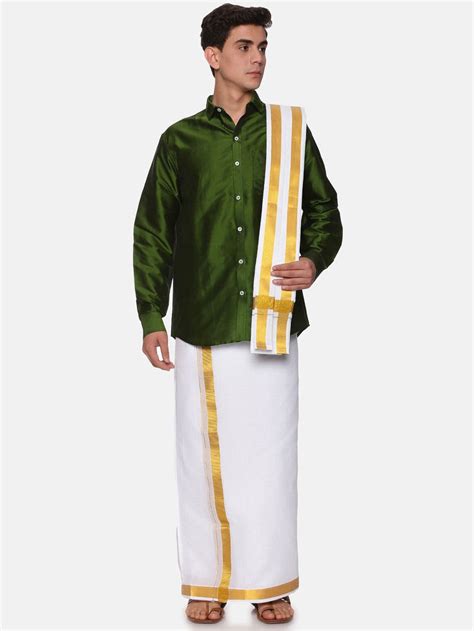 Men Solid Colour Full Sleeve Shirt Pocket Dhoti Angavastram Set ...