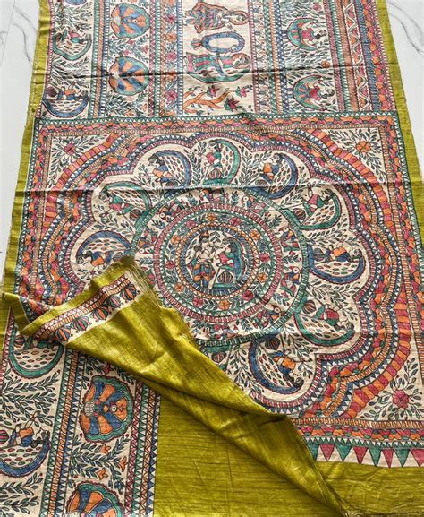 Olive Half & Half Madhubani Hand Painted Pure Tussar Ghicha Silk Saree ...