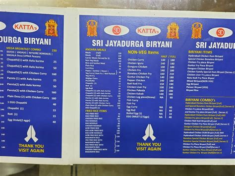 Menu at Sri Jaya Durga Hotel, Bengaluru
