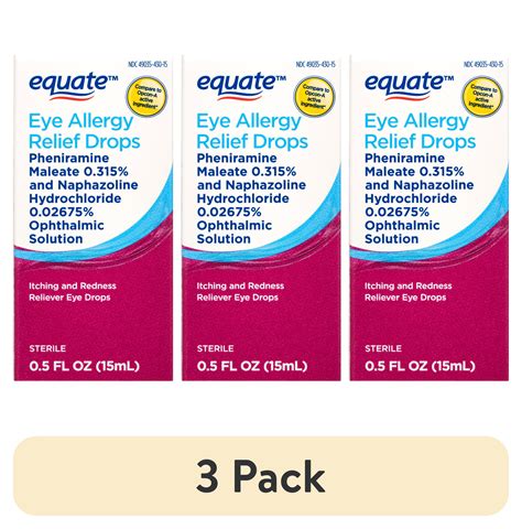 (3 pack) Equate Eye Allergy Relief Antihistamine and Redness Reliever Eye Drops, 0.5 oz ...