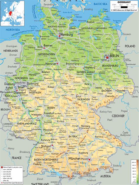 Physical Map of Germany with Elevation, Rivers, Mountains, and Terrain ...